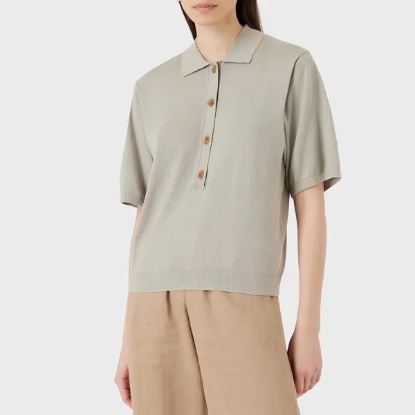 Grey Knitted Button Cotton Blend Top - Beige