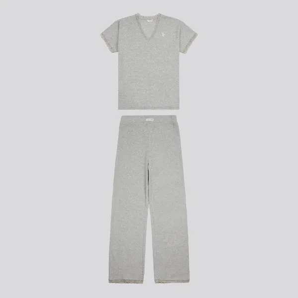 Grey Lace Trim Rib T-Shirt Pyjama Set - Size L