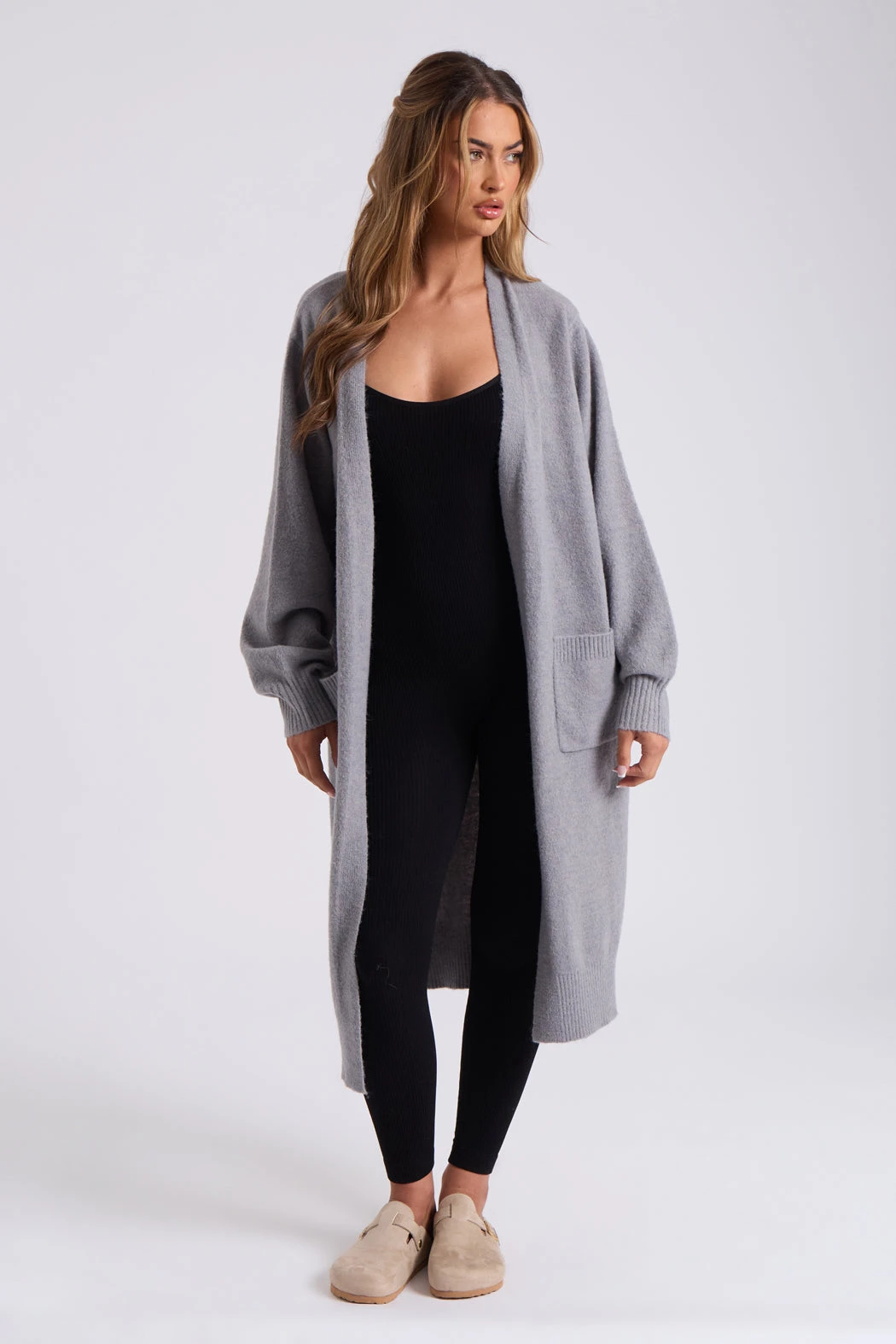 Grey Longline Patch Pocket Cardi /
