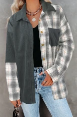Grey Plaid Colour Block Button-up Oversize Corduroy Shacket - GRAY / / 100%POLYESTER Grey Plaid Colour Block Button-up Oversize Corduroy Shacket - GRAY / / 100%POLYESTER