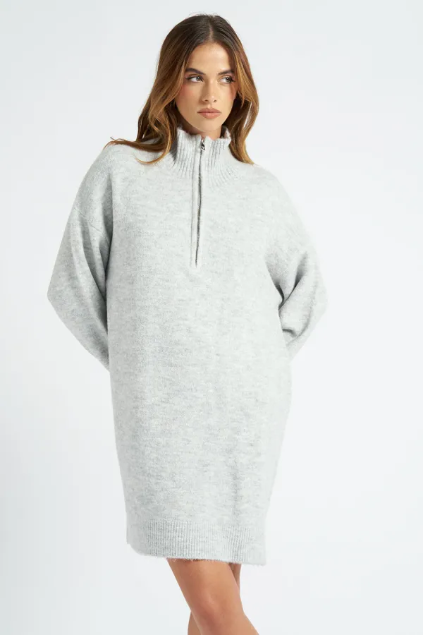 Grey Plain Oversized Half Zip Dress M