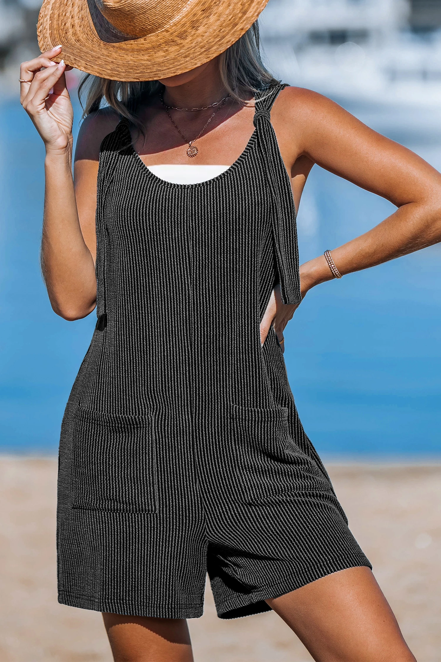 Grey Ribbed Knotted Strap Straight Leg Playsuit