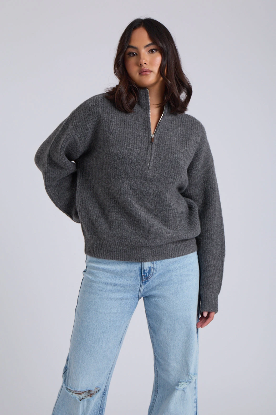 Grey Ribbed Oversized Half Zip Jumper /