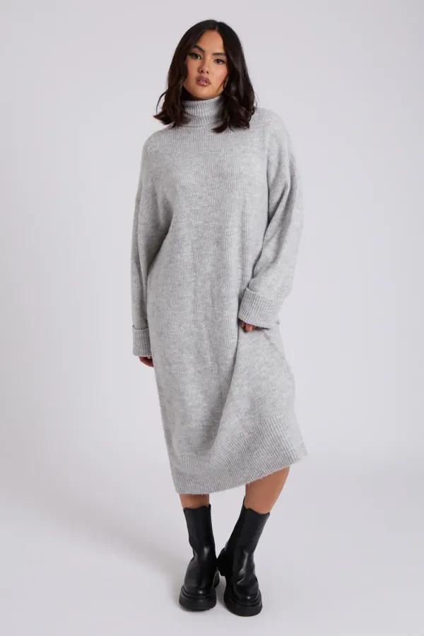 Grey Roll Neck Midi Dress
