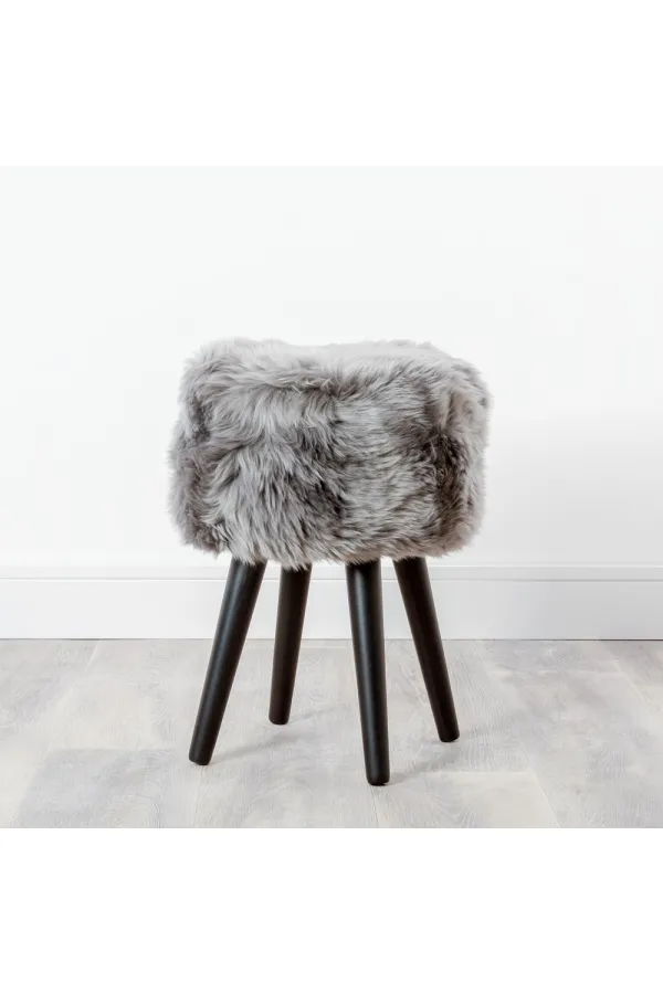 Grey Sheepskin Wood Stool - Black - Size L