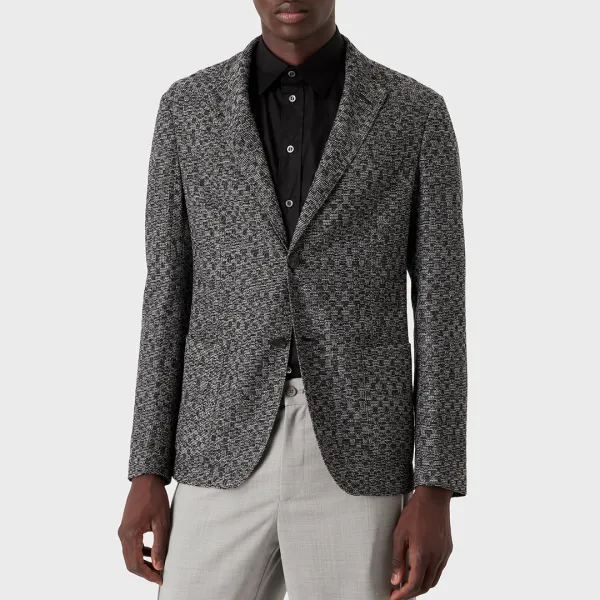 Grey Textured Wool Blend Blazer - Blue