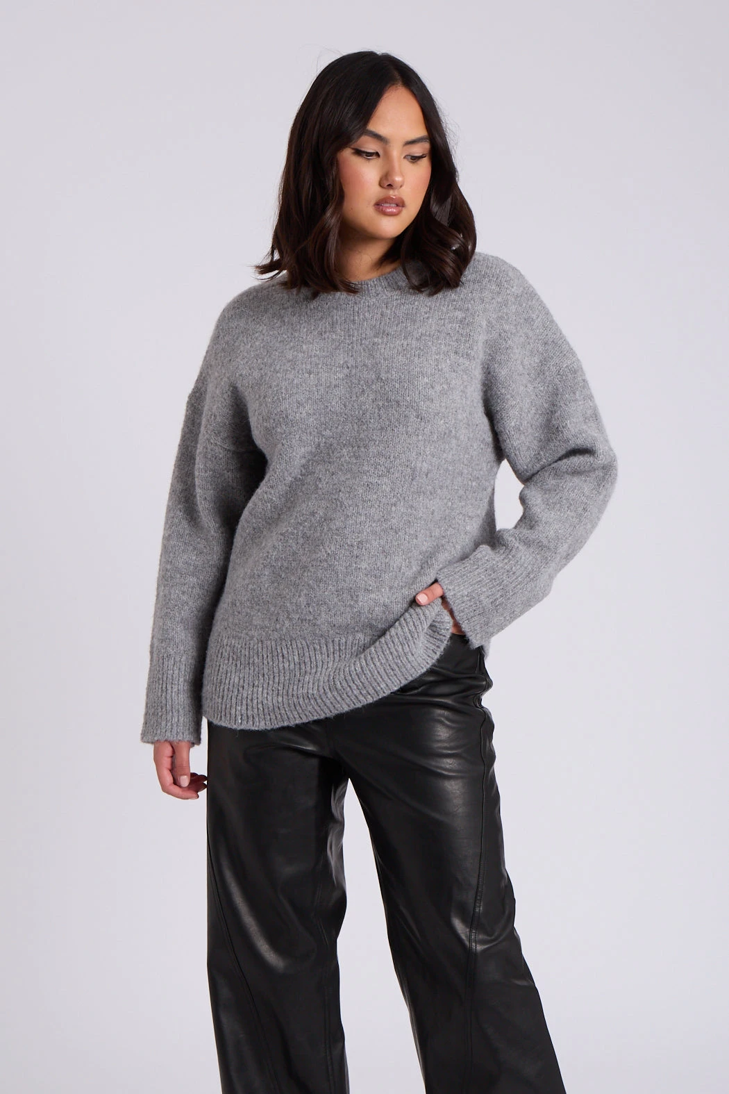 Grey Wool Blend Crew Neck Jumper /