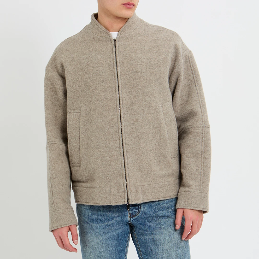 Grey Zip Wool Blend Jacket - Beige
