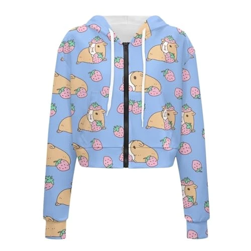 Guinea Pig Cropped Jackets for Women Zip Up Hoodie Y2K Cute Casual Pocketed Cardigan Jacket Drawstring Hooded Sweatshirts Strawberry Crop Tops Fall Clothes Outfits Sports Coat