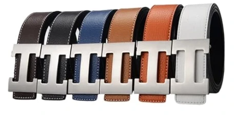 H Leather Belt for Men Metal Buckle Fashion 2024 New (Silver/Black, Medium 110CM)