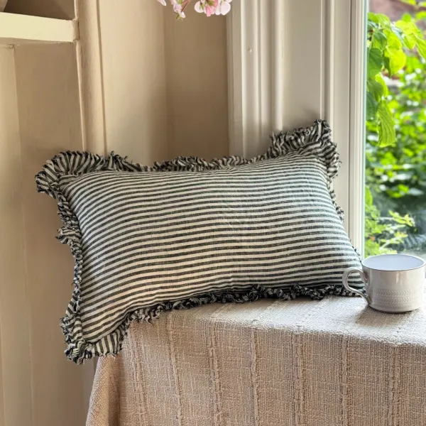 Hallie Charcoal Stripe Ruffle Cushion 50x30