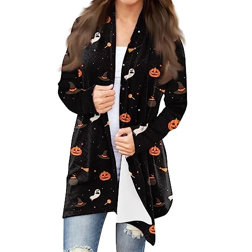 Halloween Costumes Women Top Long Sleeve Cardigan Pointelle Tops for Women UK Plus Size Chiffon Swing Camisole Tops for Women Polo Shirts for Women UK Short Cardigan(1-Black,XL)
