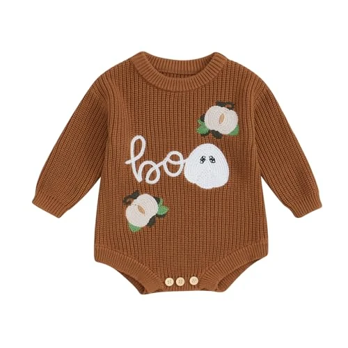 Halloween Infant Baby Girl Ghosts Embroidered Long Sleeve Sweater Outfit Clothes Pullover Romper Sweatshirt Top (Brown, 6-9M)