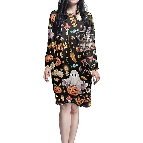 Halloween Pajamas Dress for Women Long Sleeve Nightgowns With Pockets Crewneck Loungewear Nightshirt Cute Ghost Pumpkin Sleepwear Plus Size 4XL Fall Winter Clothes