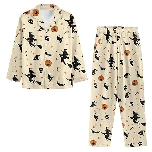 Halloween Pyjamas for Women Long Sleeve Lounge Outfits With Pockets Womens Halloween Pyjamas Witch Outfits Long Pants and Shirts Button Down Sleepwear Oversized 4XL