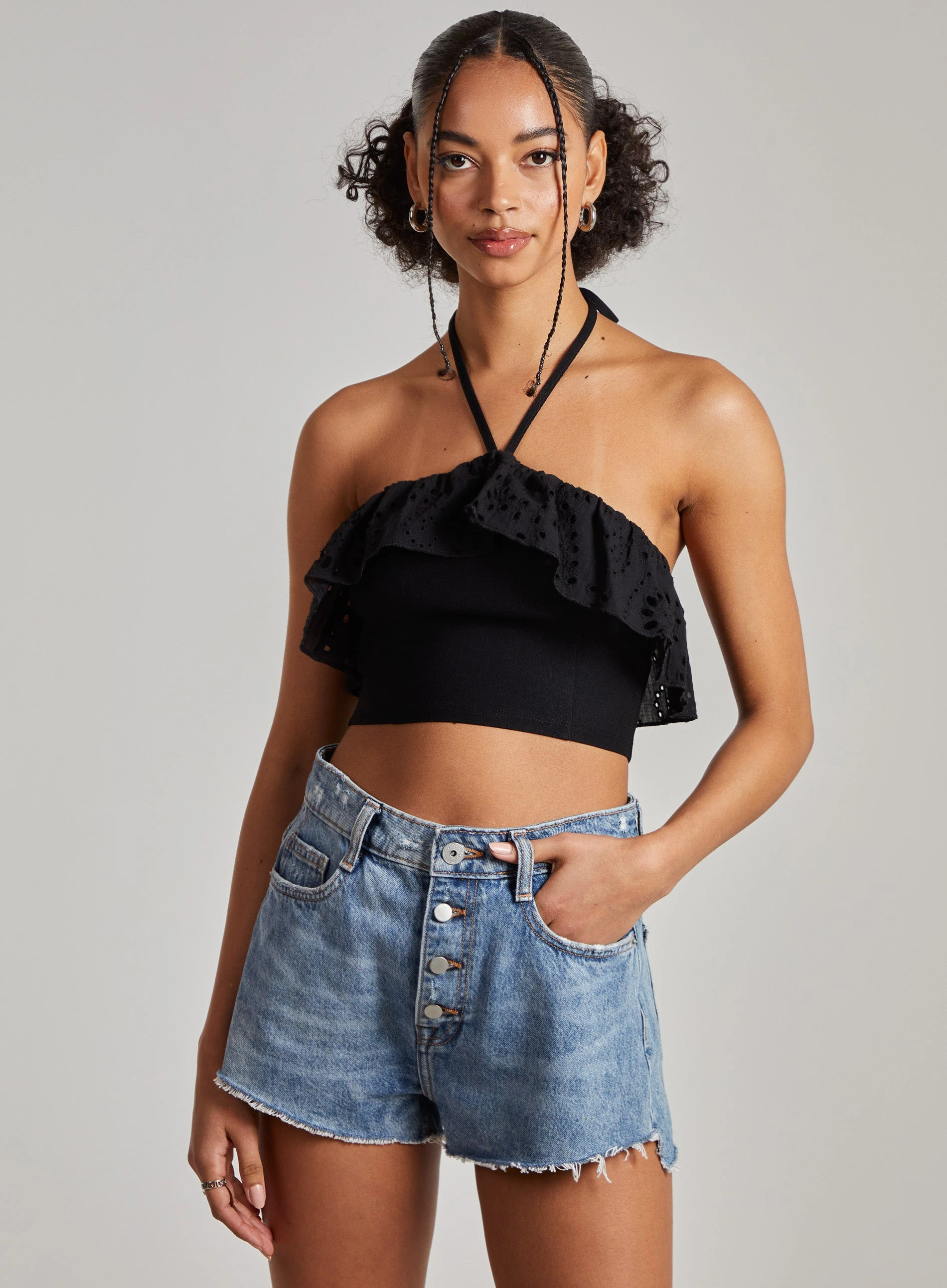 Halter Neck Broderie Frill Hem Crop Top Black