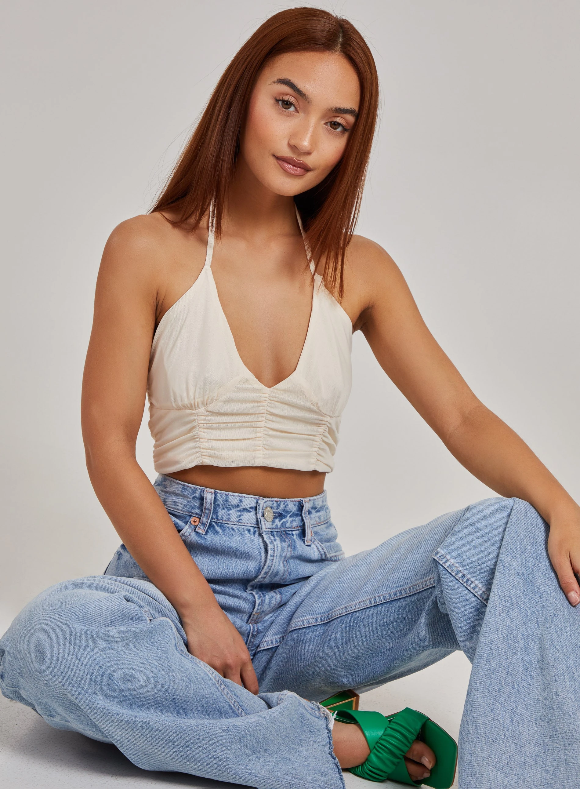 Halterneck Cross Over Mesh Bralette  - 10  - Ivory