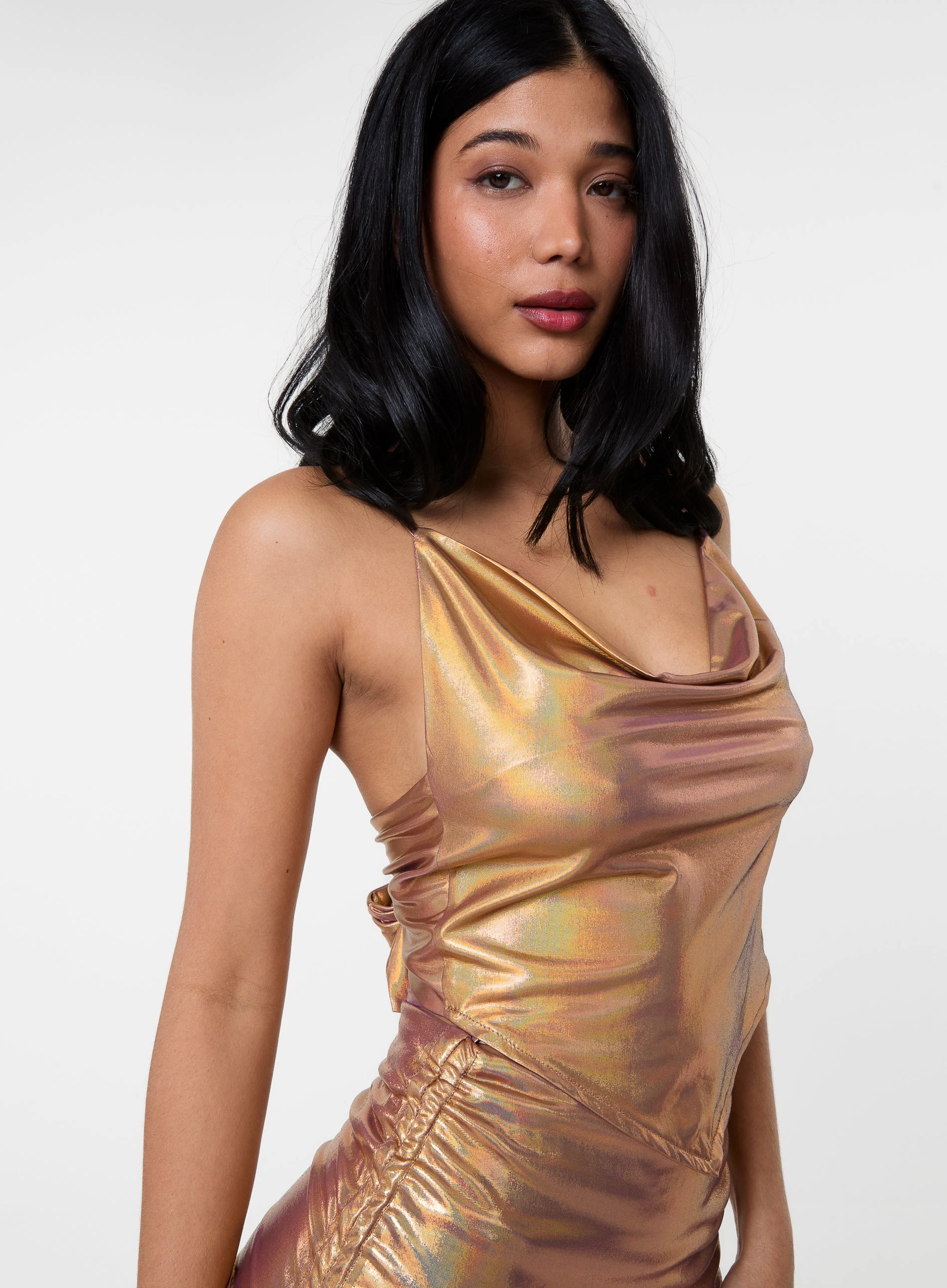 Handkerchief Cowl Tie Back Crop Top GOLD