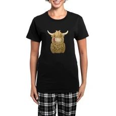 Happy Highland Cow Pajamas Womens Novelty Cotton Pyjama Set, Comfortable PJ Sleepwear