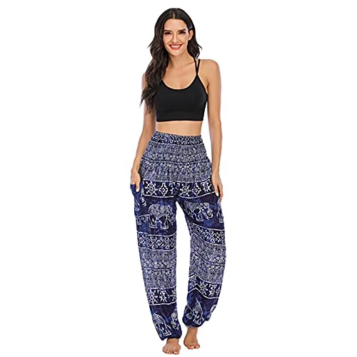 Harem Pants for Womens Hippie Boho Yoga Trousers with Elephant Pattern- High Waisted Baggy Trousers Thai Yoga Pants