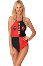 Harley Quinn One Piece Swimsuit Halter Strappy Monokini Bathing Suit - Multi - Harley Quinn One Piece Swimsuit Halter Strappy Monokini Bathing Suit - Multi -