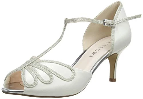 Harlow - Peep Toe Low Heel Ivory Satin Bridal Wedding Shoes with Silver Shimmer Detail and Ankle Str