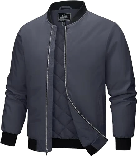 Harrington Bomber Men Jackets Hiking Baseball Full Zip Jacket Windproof Military Flying Coat Dark Grey, XL