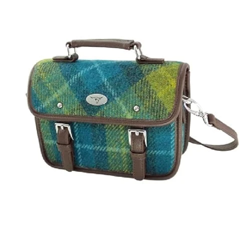 Harris Tweed Bervie Mini Satchel Bag With Adjustable & Removable Shoulder Strap (114 Sea Blue & Green Tartan)