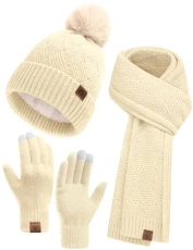 Hat Scarf and Gloves Set for Women Ladies Gift Sets in Box Beanie Hats with Pom Pom Warm Thermal Fleece Lined, Touch Screen Gloves Long Scarf 3 PCS Winter Set, Apricot