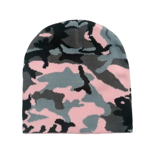 Hat with Camouflage Pattern Men's Winter Outdoor Casual Pullover Hat Warm Fashion Camouflage Hat Wool Hat with Ear Flaps Slouch Long Beanie Unisex, pink, M