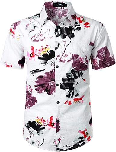 Hawaiian Shirt for Men Flower Print Short Sleeve Casual Button Down Beach Shirts White Lotus Medium