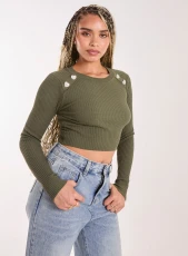 Heart Embellishment Rib Knit Top / KHAKI Heart Embellishment Rib Knit Top / KHAKI