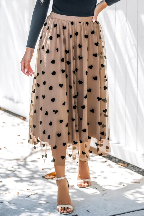 Heart Print Mesh Midi Skirt - Light Brown
