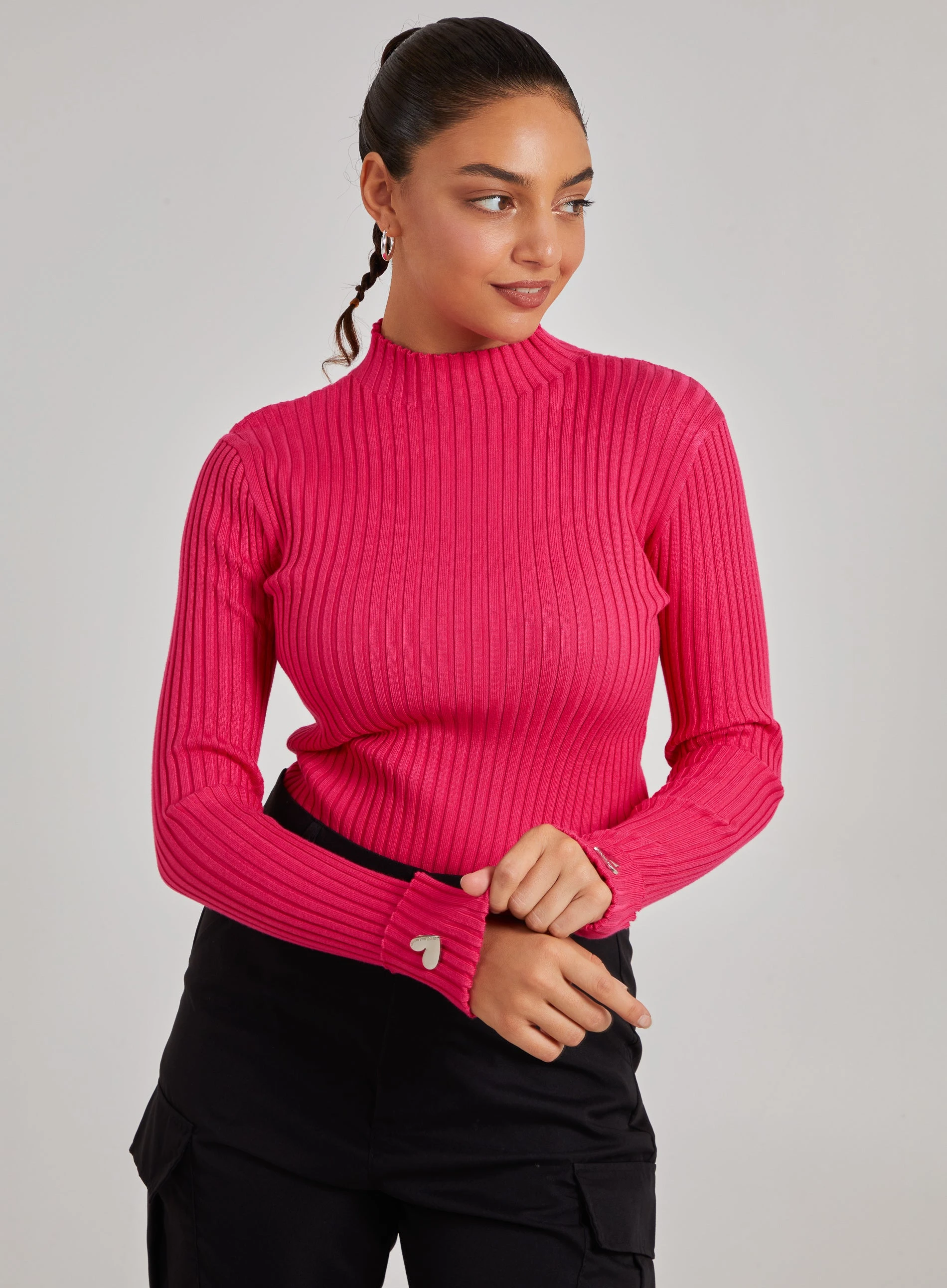 Heart Sleeve Detail Ribbed Top  - S/M  - PINK