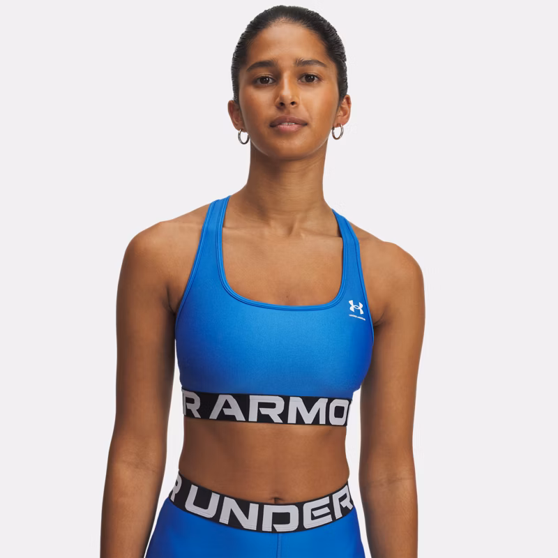 HeatGear Mid Branded WoMens Sports Bra Blue Atlantis / White M