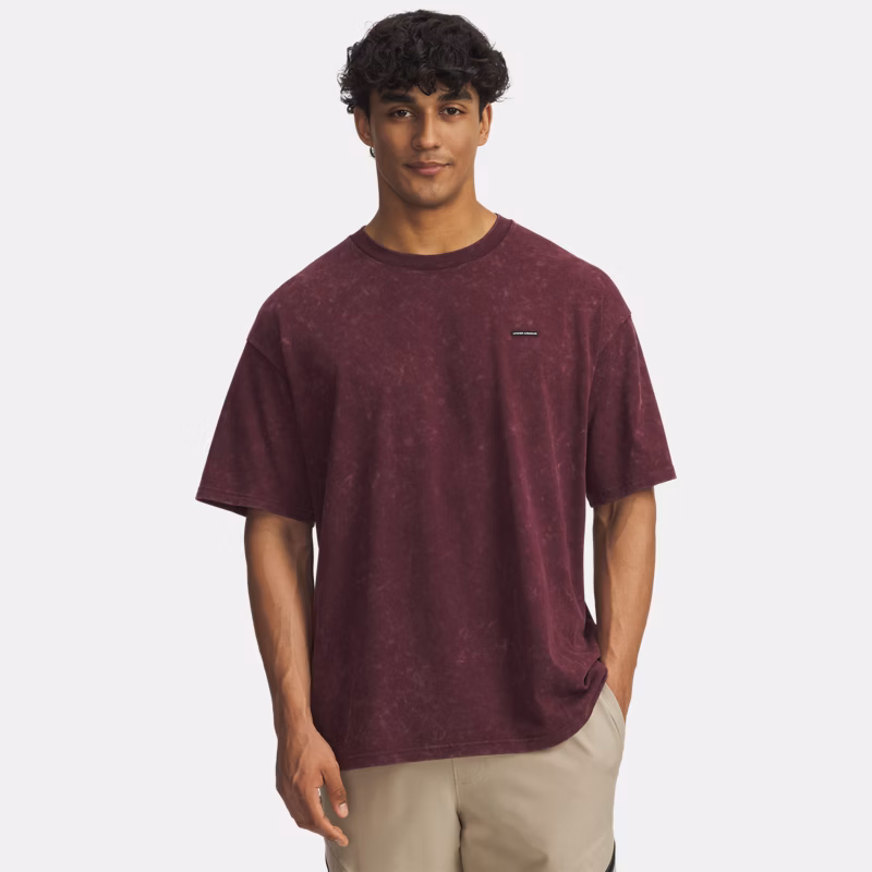 Heavyweight Logo Wash Mens Oversized Short Sleeve Dark Maroon / White - Red