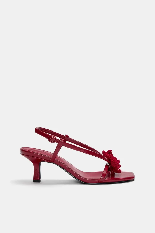 Heeled Sandals With Crochet Flower - Red