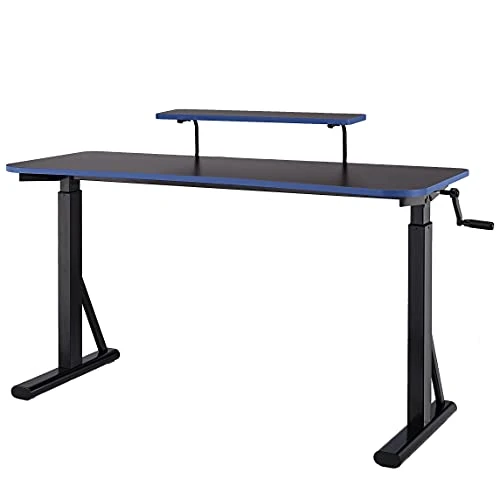 Height-Adjustable Rectangular Gaming Computer Desk with Raised Monitor Shelf, Blue, 140 x 63.5 x109-126 cm