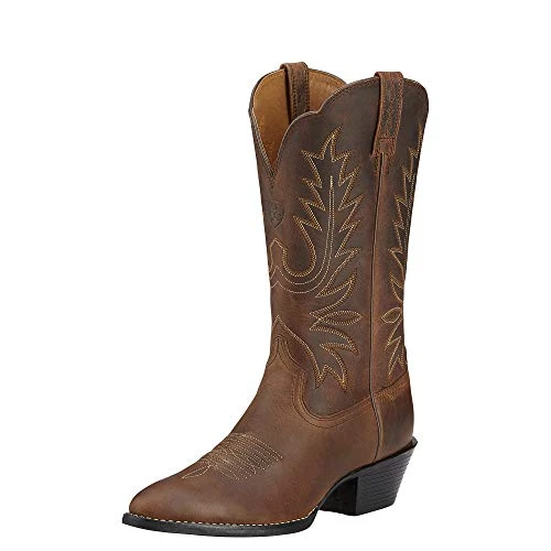 Heritage Round Toe Western Boots - Women’s Leather Cowgirl Boots, Distressed Brown, 4 UK