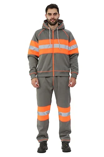 Hi Vis Grey Tracksuit Mens High Visibility Reflective Tape Band Safety Rainsuit Hooded Top Lightweig