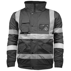 Hi Vis High Visibility Safety Security Reflective Protective Waterproof, Windproof Padded Workwear Bomber Jacket Coat With Concealed Hood Black M