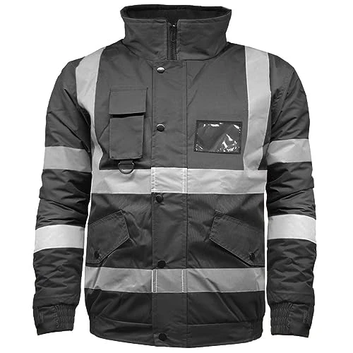 Hi Vis High Visibility Safety Security Reflective Protective Waterproof, Windproof Padded Workwear Bomber Jacket Coat With Concealed Hood Black M