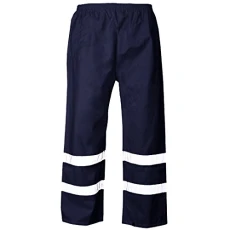 Hi Vis Viz 2 Band Pu Over Trousers High Visibility Waterproof Safety Work Wear Reflective Tape Stripe Elasticated Waistband Bottoms Workwear Pants(Navy, L)