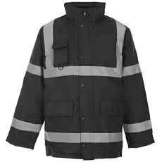 ® Hi Vis Viz High Visibility Parka Jacket Workwear Safety Security Concealed Hood Fluorescent Flashing Hooded Padded ¾ Length Waterproof Work Coat Black Medium