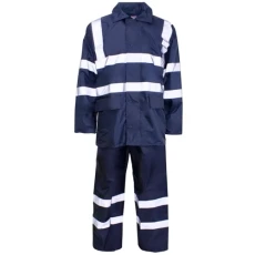 Hi Vis Viz Rainsuit 2 Piece Set High Visibility Hooded Puddle Rain Suit Jacket Trousers Waterproof Pvc Workwear Rain Wear (Navy, L)