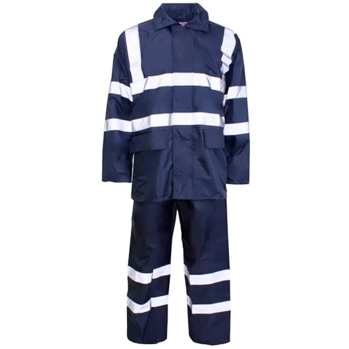 Hi Vis Viz Rainsuit 2 Piece Set High Visibility Hooded Puddle Rain Suit Jacket Trousers Waterproof Pvc Workwear Rain Wear (Navy, L)