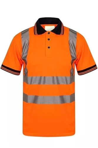 Hi Viz Vis High Visibility Polo Shirt Safety Security Work Button Double Tape T-Shirt Reflective Tape Breathable Lightweight Workwear Top Orange X-Large