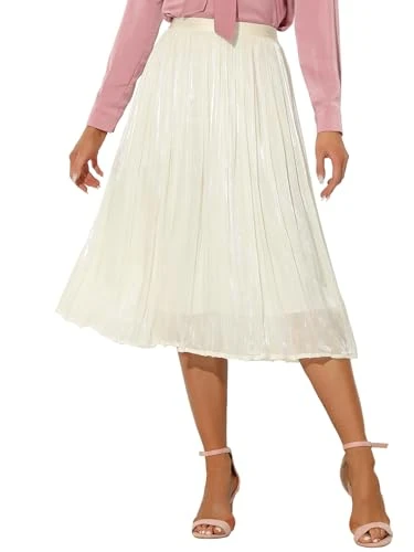 High Elastic Waist Skirt for Women's A-Line Swing Pleated Midi Skirts White XL