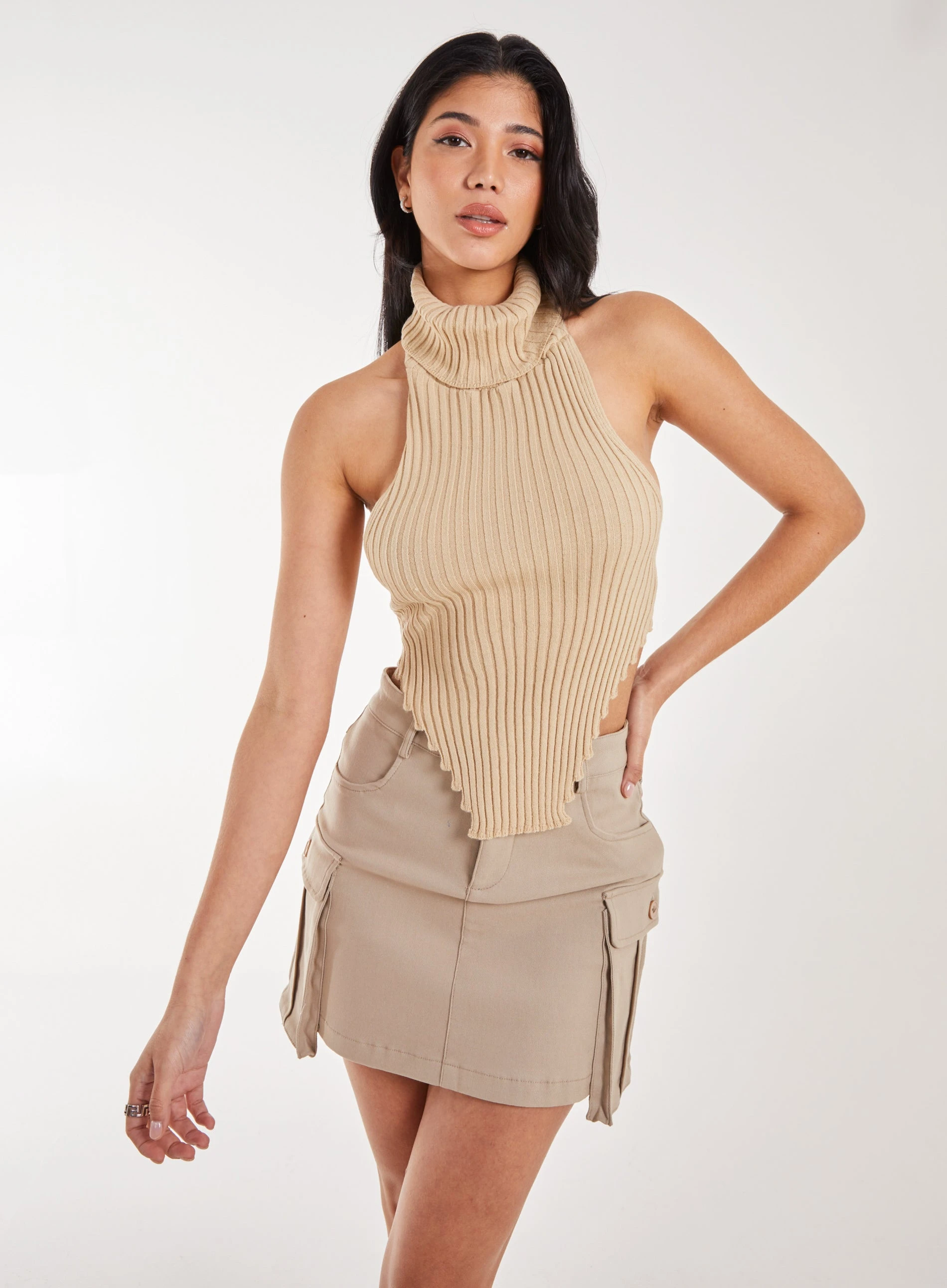 High Neck Chunky Knit Halter Top  - L  - STONE