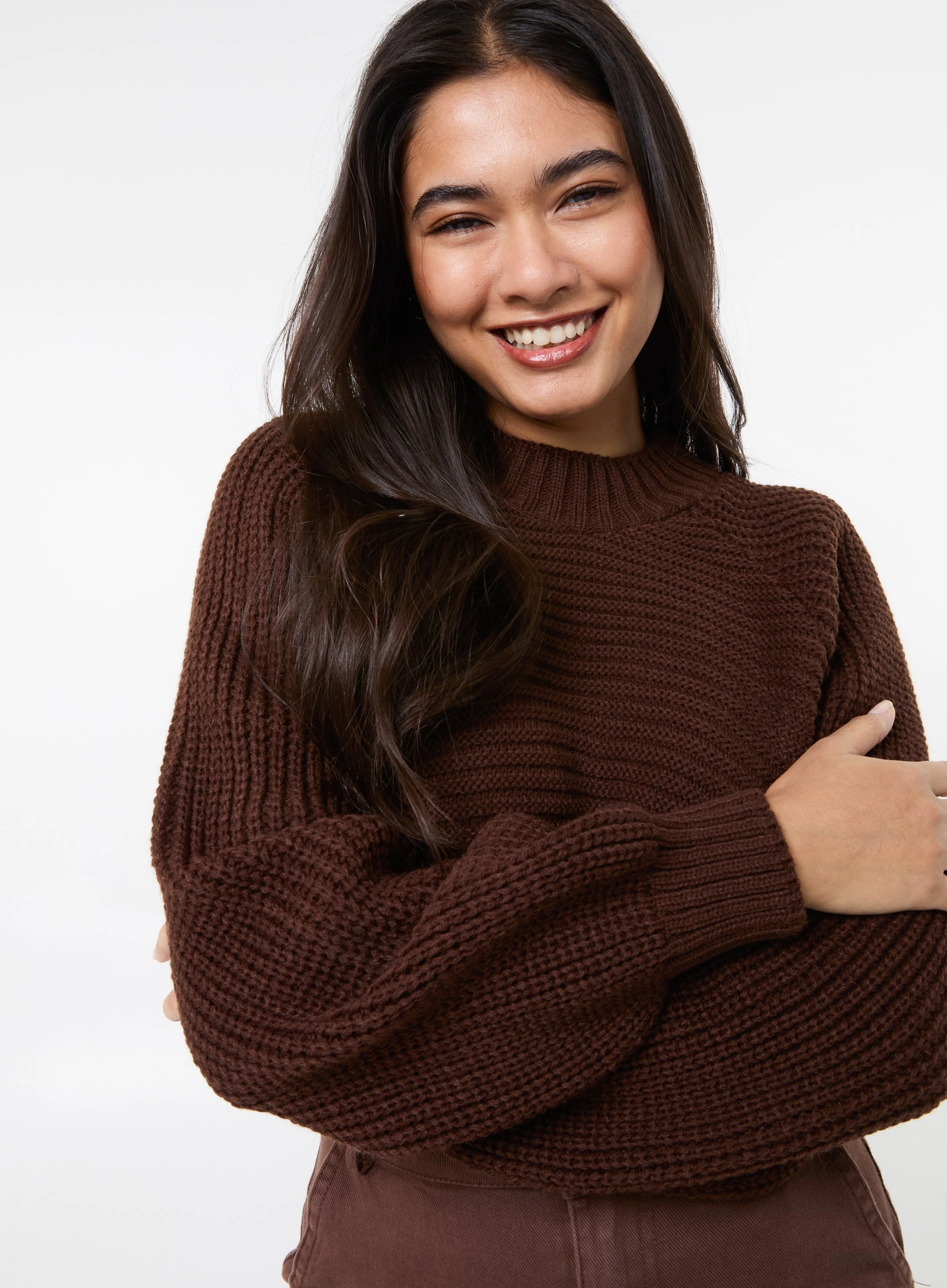 High Neck Knitted Crop Jumper  - L  - CHOCOLATE